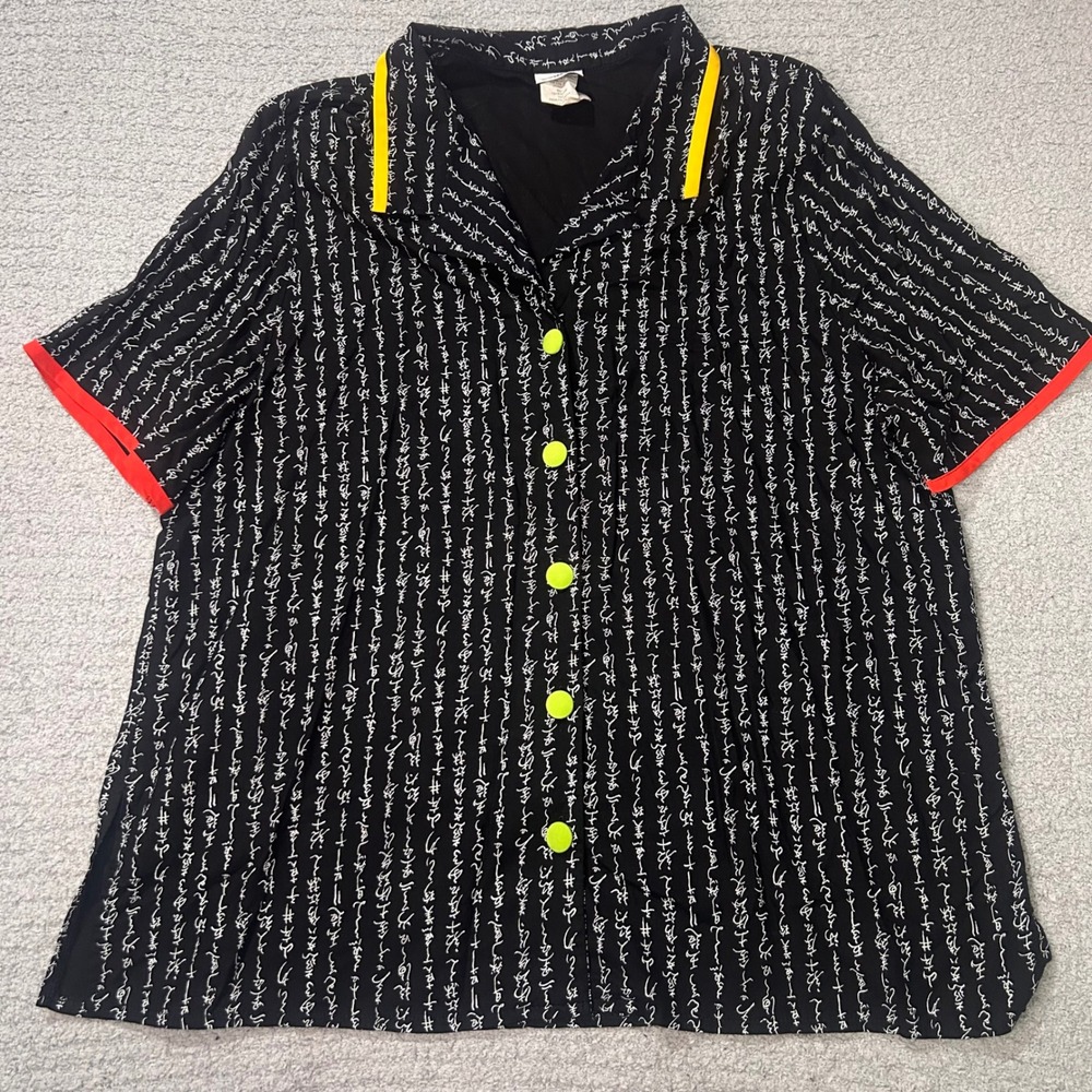 Touche LA VTG Button Up Shirt 22/42 Black Calligraphy Y2K‎ Harajuku Goth Neon